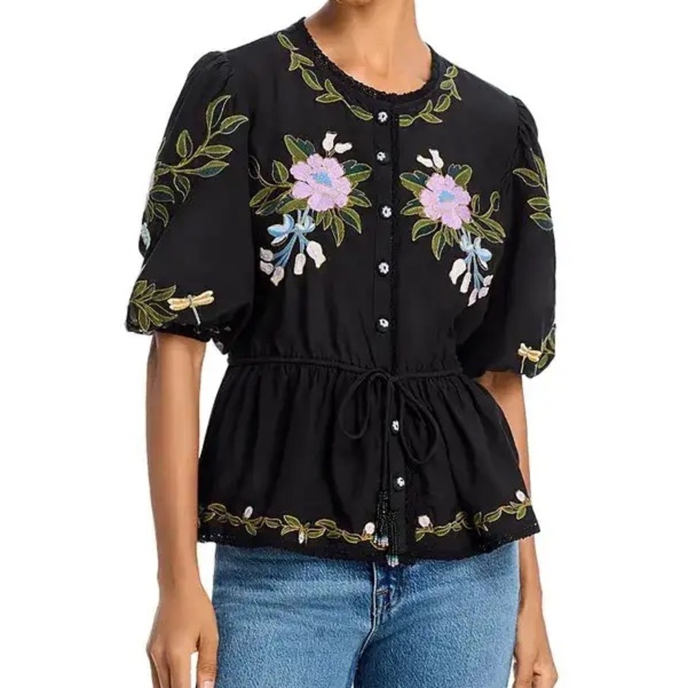 FARM Embroidered Black Floral Women's Top